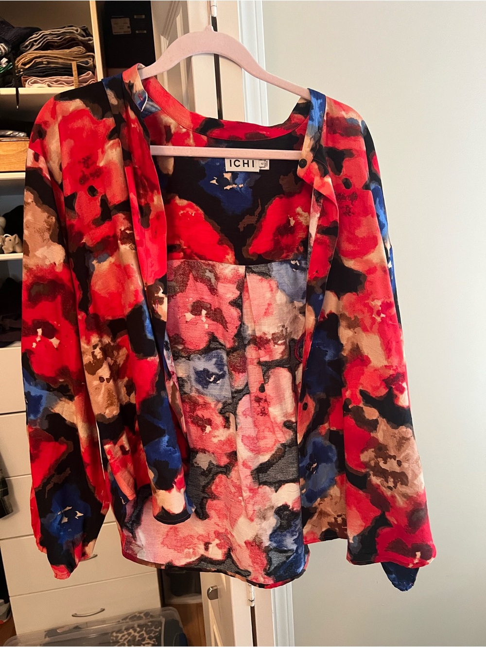 ICHI Women's Multicolor Floral Open Cardigan - Red/Blue